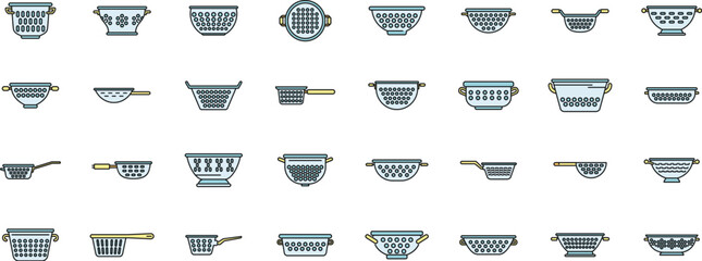 Colander icons set outline vector. Cook strainer. Food cooking thin line color flat on white