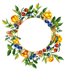 Watercolor round frame with hand drawn cloudberry, cranberry, cowberry and blueberry with berries, leaves, branches. Botanical forest berry illustration on white isolated background. Good for banner