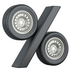Percent symbol with car wheels. Sale and discount, concept. 3D rendering isolated on transparent background