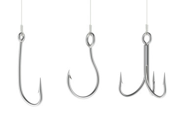 Fishing Hook, various types. 3D rendering isolated on transparent background
