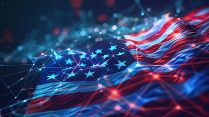 The American flag intertwined with a complex digital network design, showcasing themes of modern technology, connectivity, and national identity.