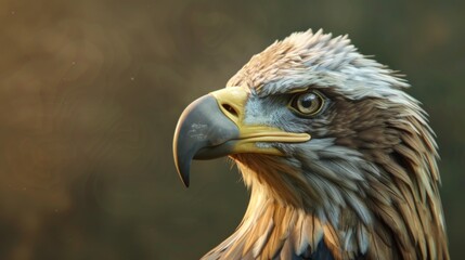 Obraz premium Close-up of a majestic eagle, showcasing its fierce and intense gaze, with exquisite detail on its feathers and beak, set against a blurred natural background.