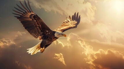 Fototapeta premium A stunning image of a bald eagle in flight with its wings fully spread against a dramatic and golden-hued sky, symbolizing freedom and strength.