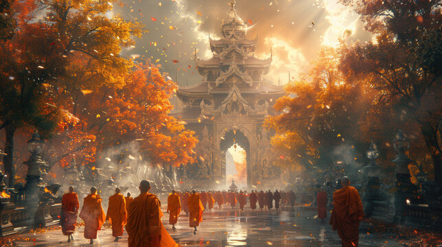 Serene Khao Phansa: Monks Entering Temple in Artistic Painting Filled with Calm and Anticipation