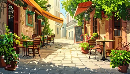 Fototapeta premium Cozy Outdoor Cafe Patio With Lush Greenery