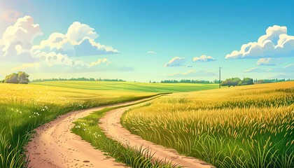 Fototapeta premium Dirt Road Through A Field Of Tall Grass cartoon