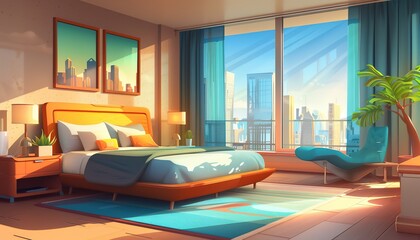 Comfortable Bedroom With City Views on cartoon