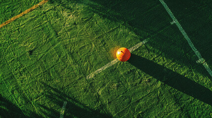 An orange soccer ball on a green field, casting a long shadow as it rests on the white line, ready for play.
