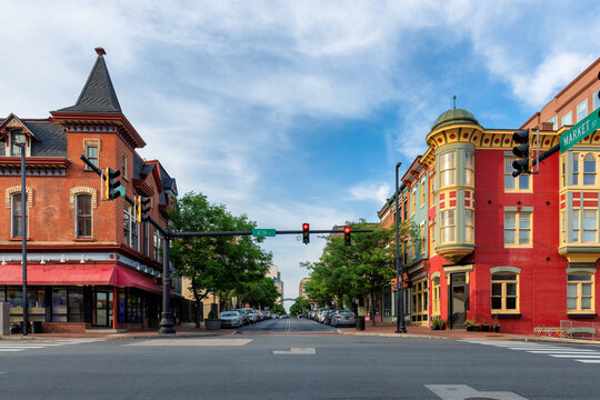 Beautiful street, old buildings in Market Street in Wilmington, Delaware, USA
