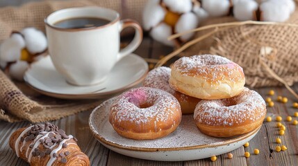 A delicious assortment of fresh donuts dusted with powdered sugar is arranged on a plate next to a cup of coffee, creating a warm and delightful scene for a snack or breakfast.