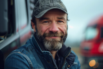 Caucasian truck driver smiles with confidence driving truck.
