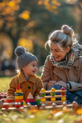 Naklejka premium Caucasian grandmother and granddaughter playing with wooden toys on the grass in the park.