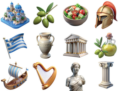Symbols of Greek culture cartoon illustration set. Trip to Greece concept