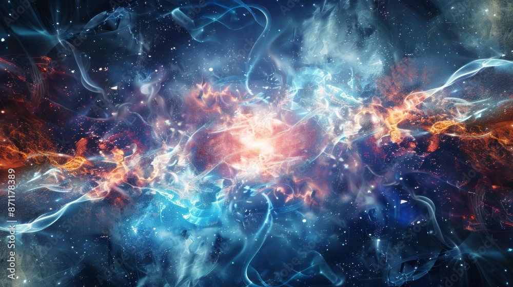 Poster a digital art depiction of quantum entanglement, showing two connected swirls of light and color wit