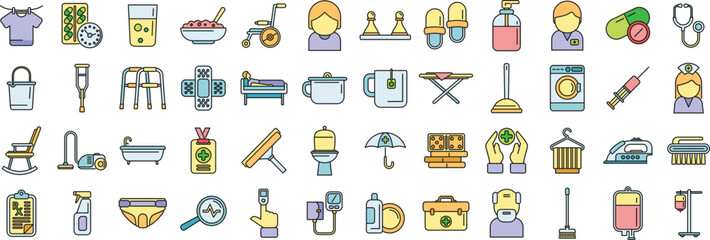 Fototapeta premium Home care services icons set outline vector. Care senior. Patient thin line color flat on white