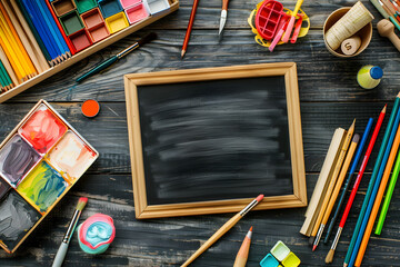 Blackboard with school supplies and stationary. Back to school concept background.