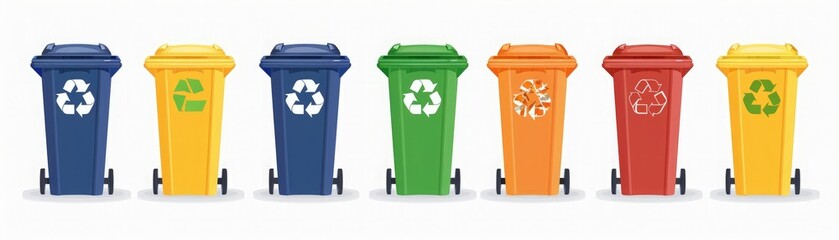 Row of colorful recycling bins in blue, green, yellow, and red, each marked with a different recycling symbol.