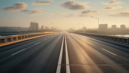 A grand, empty urban highway stretching towards the horizon at dawn with a city skyline in the background, creating a sense of freedom and possibility.