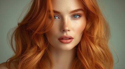 Obraz premium A woman with red hair and blue eyes is wearing makeup. She has a smile on her face