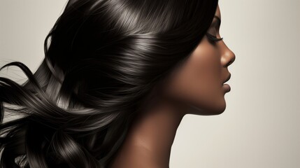 Fototapeta premium A woman with long, shiny black hair. The hair is styled in a way that it is pulled back and is very long