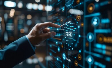 Businessman in suit interacting with virtual screen displaying data and feed options