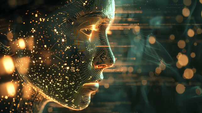 Digital illustration of an AI humanoid head with glowing data particles, creating the impression that it is being composed in the style of digital code.