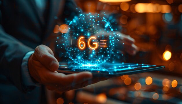 Hand holding a hologram with 6G text on digital screen in a futuristic setting