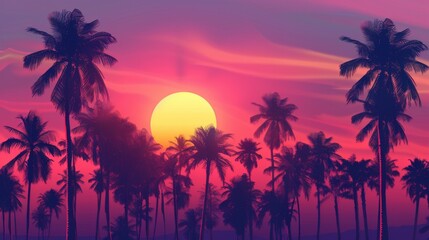 Fototapeta premium A vivid sunset casts a beautiful array of colors in the sky, highlighting the silhouettes of tall palm trees, creating a serene and picturesque tropical scene.