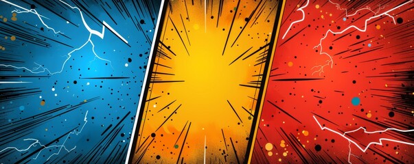 Colorful comic book style background with blue, red, and yellow panels