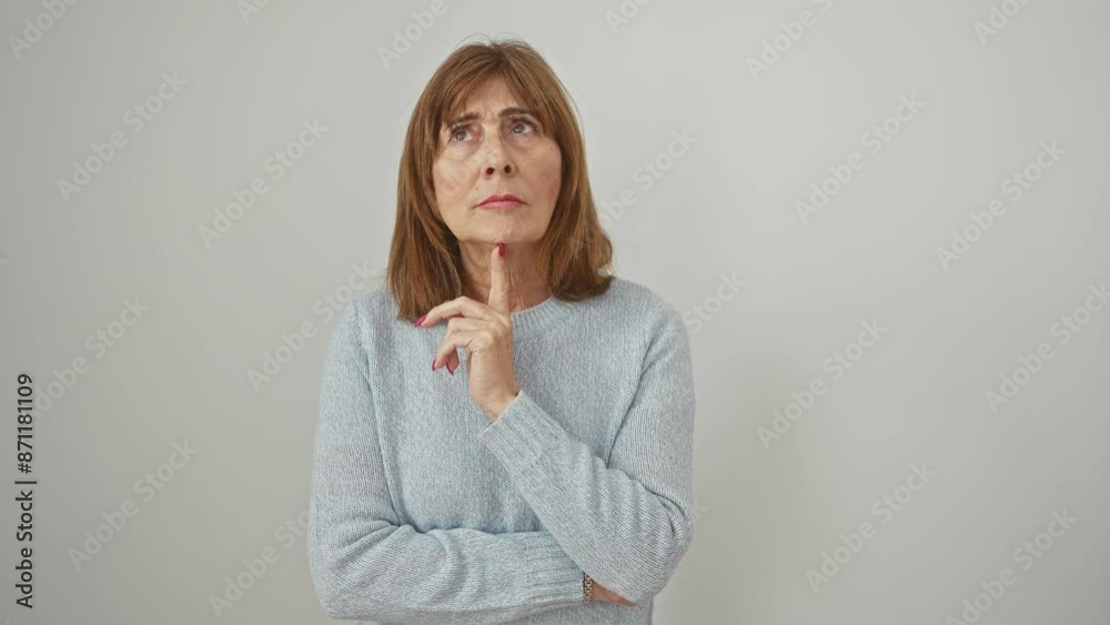 Sticker thoughtful middle age woman in sweater, standing concentrated, finger on chin, doubting and wonderin