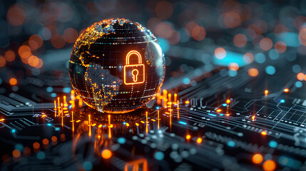 Globe with digital padlock over circuit board, dark background. Concept of global cybersecurity and digital protection