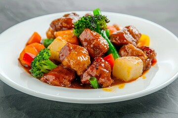 Deep fried mixed vegetables with pork bone in sweet and sour sauce on a plate