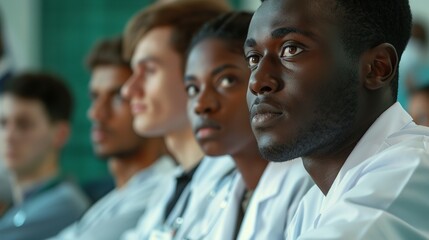 Diverse group of medical students attentively listening during a lecture. They are all dressed in lab coats and the setting appears professional and educational. AI