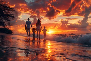 Fototapeta premium Family Walking Along Sandy Beach at Sunset