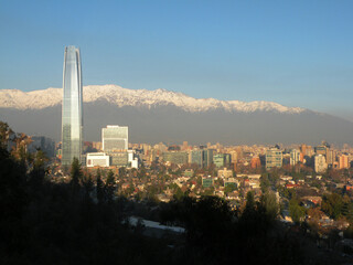 Costanera Building and its difference in size with other buildings in the commune of Providencia,...