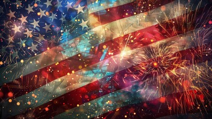 An American flag is prominently displayed with vibrant and colorful fireworks in the background, symbolizing celebration, patriotism, and festivity with a dynamic visual style.