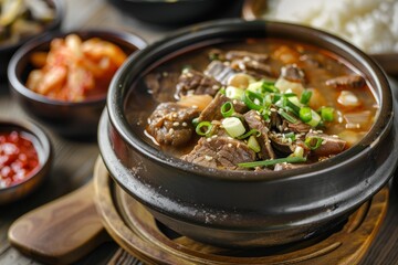 Delicious Korean Seolleongtang soup served with kimchi and rice