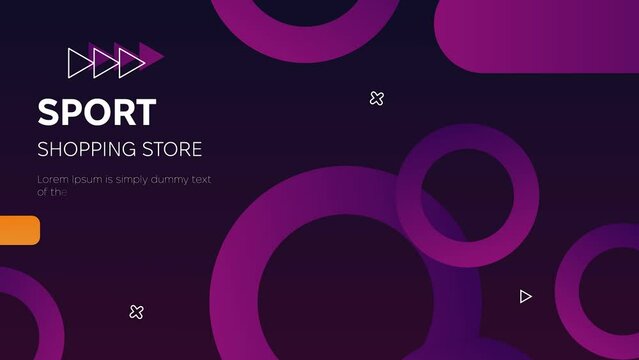Sport shopping store neon banner. Moving banner with violet arrows and yellow button. Landing webpage design. Advertising and promotion on Internet. Online shop. Neon style animated video clip