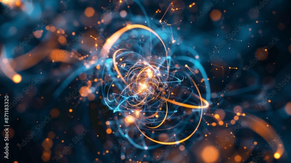 Poster An abstract visualization of quantum entanglement, showcasing two particles connected by a luminous web of energy, dancing in a captivating cosmic ballet