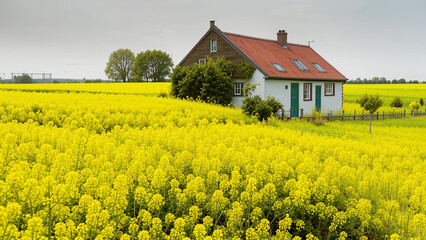 a house in the middle of a field of yellow flowers