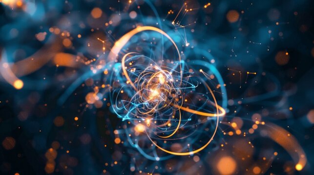 An abstract visualization of quantum entanglement, showcasing two particles connected by a luminous web of energy, dancing in a captivating cosmic ballet
