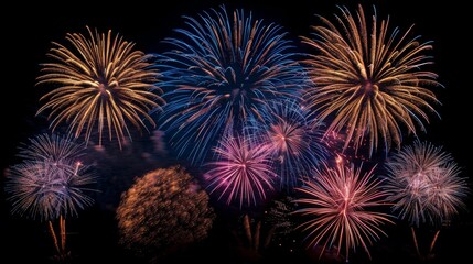 Obraz premium A magnificent scene showing large and small fireworks lighting up the night sky with their vibrant colors and radiant bursts, showcasing the beauty and excitement of a night festival.