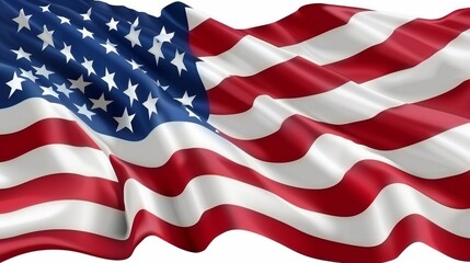 Obraz premium This image depicts a radiant American flag waving gently and dynamically on a pristine white background, emphasizing its vibrant red, white, and blue colors and starry canton.
