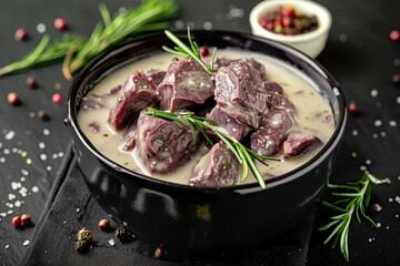 Fresh beef liver marinated in milk in a dark container