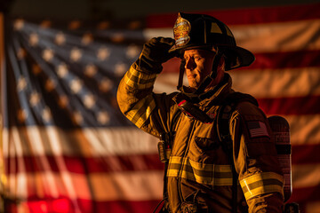A fireman salutes in front of an American flag during a special event, displaying respect and patriotism. This powerful image captures the essence of honoring the nation and those who serve it.