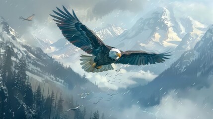 A bald eagle soars gracefully over a misty mountainous landscape, presenting a breathtaking view that encapsulates freedom, serenity, and the beauty of nature in flight.