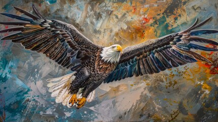 An abstract depiction of a bald eagle in flight with a colorful and artistic background, blending realism and creativity to evoke a sense of freedom and artistic expression.