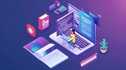 3d isometric illustration of an online course on laptop, books and papers around the main character who writing to her section in purple color palette with bright accents.