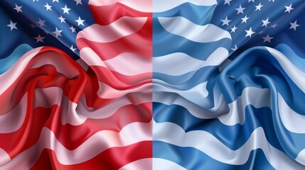 A creative and abstract representation of American flags split into red and blue hues, symbolizing unity and diversity within the representation, creating visual symmetry.