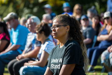 Obraz premium Amidst gathering,woman is seated wearing black shirt,which seems to be part of relaxed and enjoyable ambiance,filled with aspects of travel and entertainment.The sentiment United we stand is palpable.